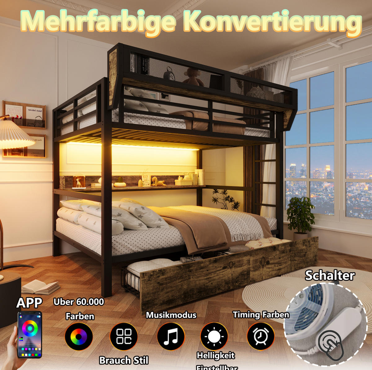 ETAGENBETT 140/200 cm Schwarz mit LED und Stauraum ohne Matratze - Schwarz, Metall (140/200cm) - MIVRAY