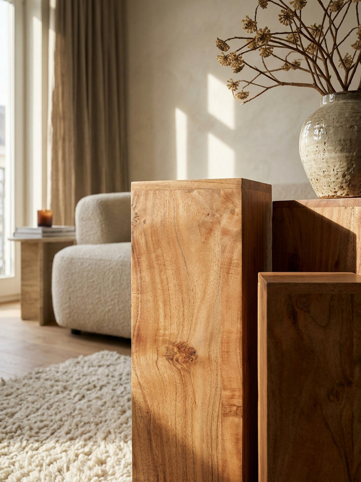 BEISTELLTISCH 3er Set Massivholz Ineinander Verstaubar Einzigartige Maserung, Beige 24x24x85 cm - Beige, Holz (24/24/85cm) - KADIMA DESIGN