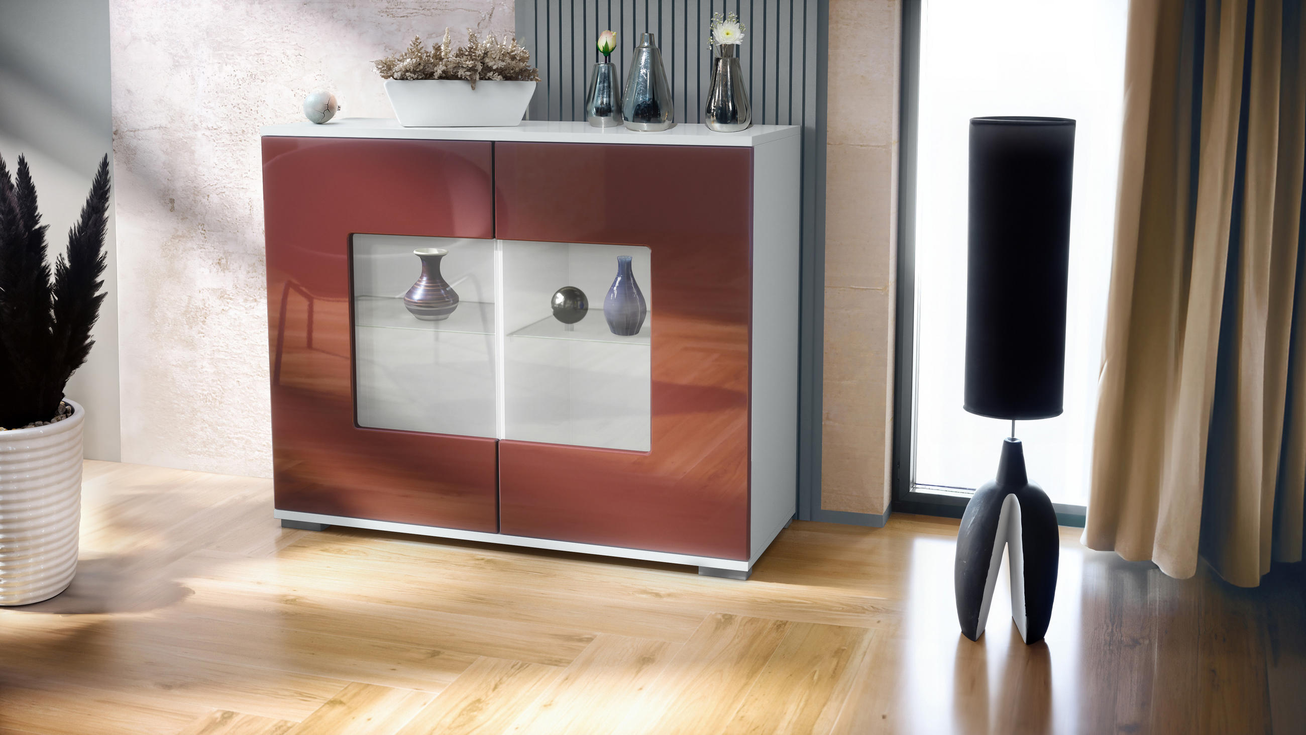 KOMMODE Grömitz Bordeaux Hochglanz - Bordeaux, Holzwerkstoff (92.5/75.5/35cm) - Vladon