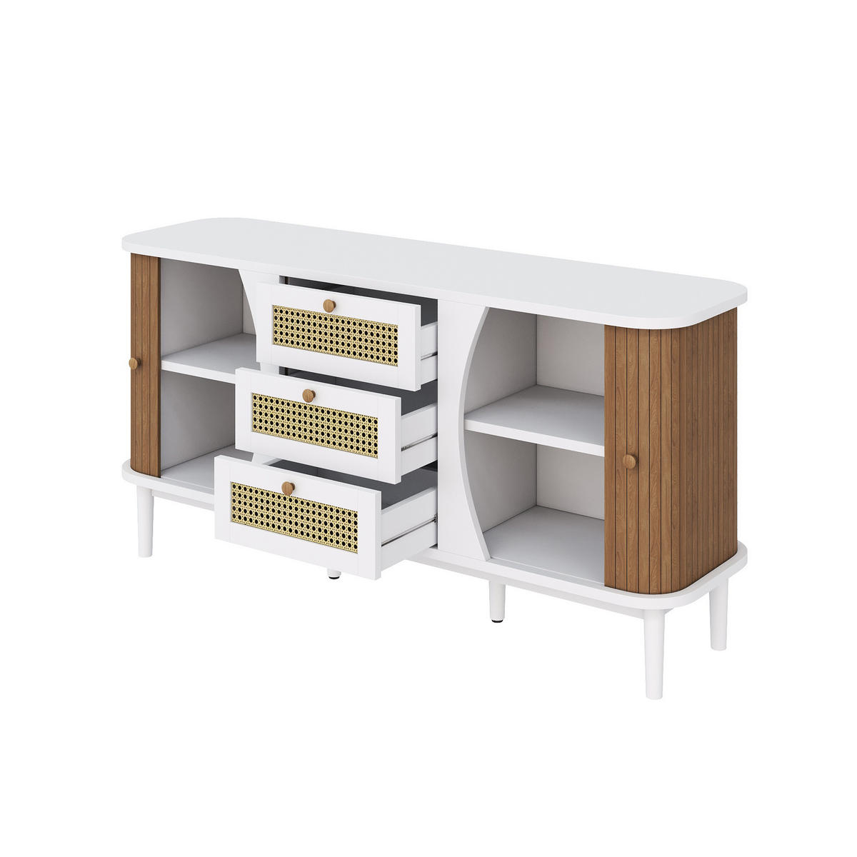 SIDEBOARD in Weiß & Holz-Optik Rattankommode mit 3 Schubladen & Bogen-Design - Weiß, Holzwerkstoff (140.5/76/40cm) - Urban Meuble