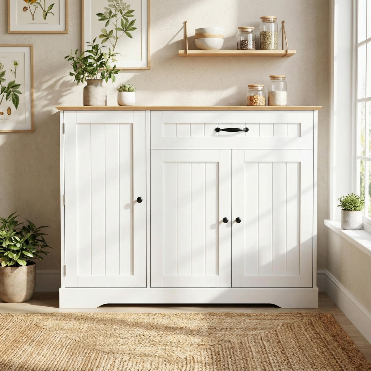 SIDEBOARD in Weiß & Natur mit 3 Türen & Schublade - Weiß Hochglanz, Holzwerkstoff (107/83/40cm) - Urban Meuble