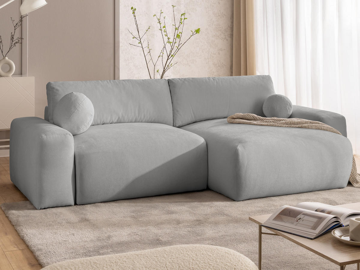 ECKSOFA Puffy mit Schlaffunktion und Bettkasten - besonders weich und puffig aus Grau Webstoff - Ottomane rechts - Schwarz/Grau, Holz/Kunststoff (266/138cm) - S-Style Möbel