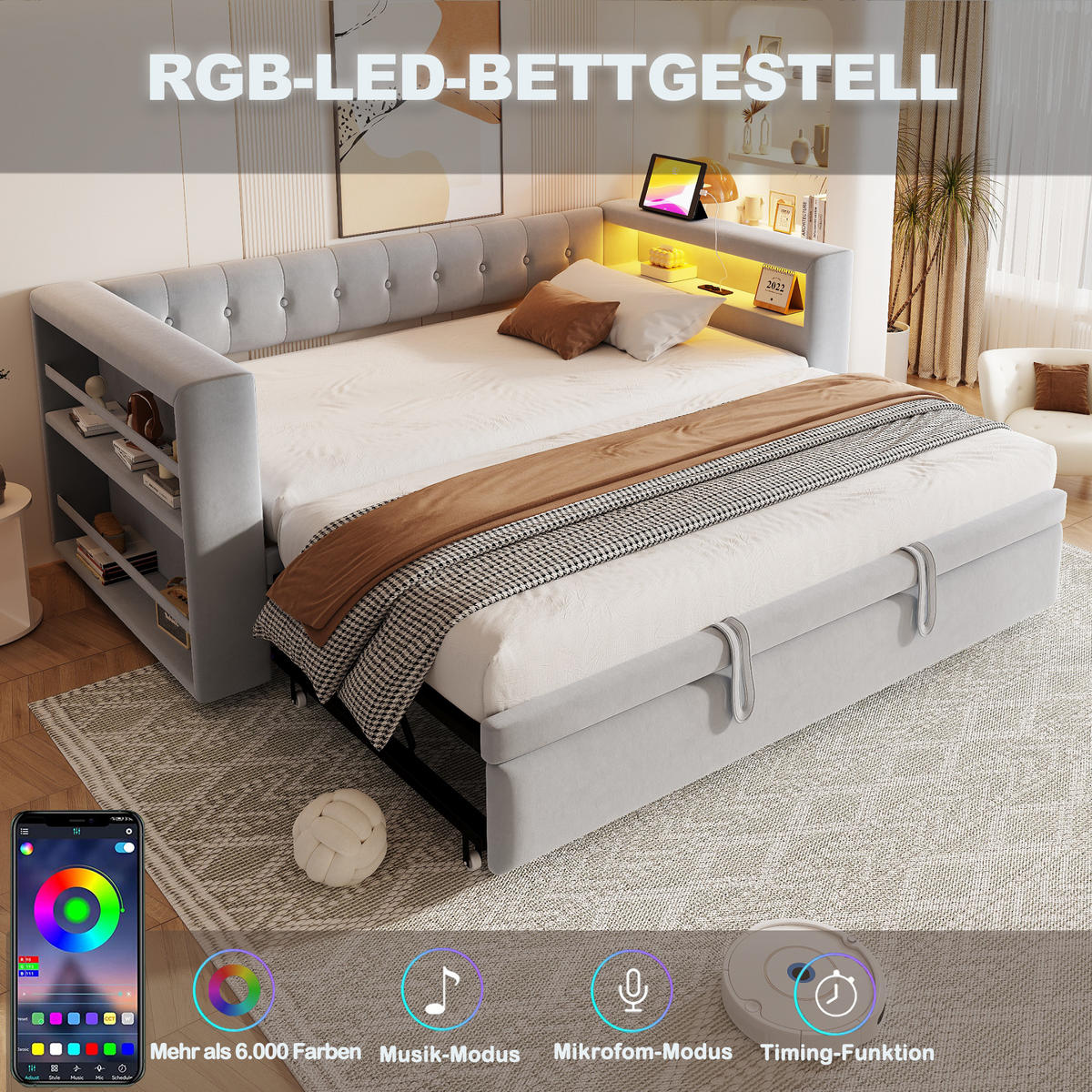 SCHLAFSOFA 90/180 × 190 cm in Hellgrau Stoff mit LED, Steckdose und Stauraum - Hellgrau, Holzwerkstoff/Textil (90/190cm) - WISHDOR