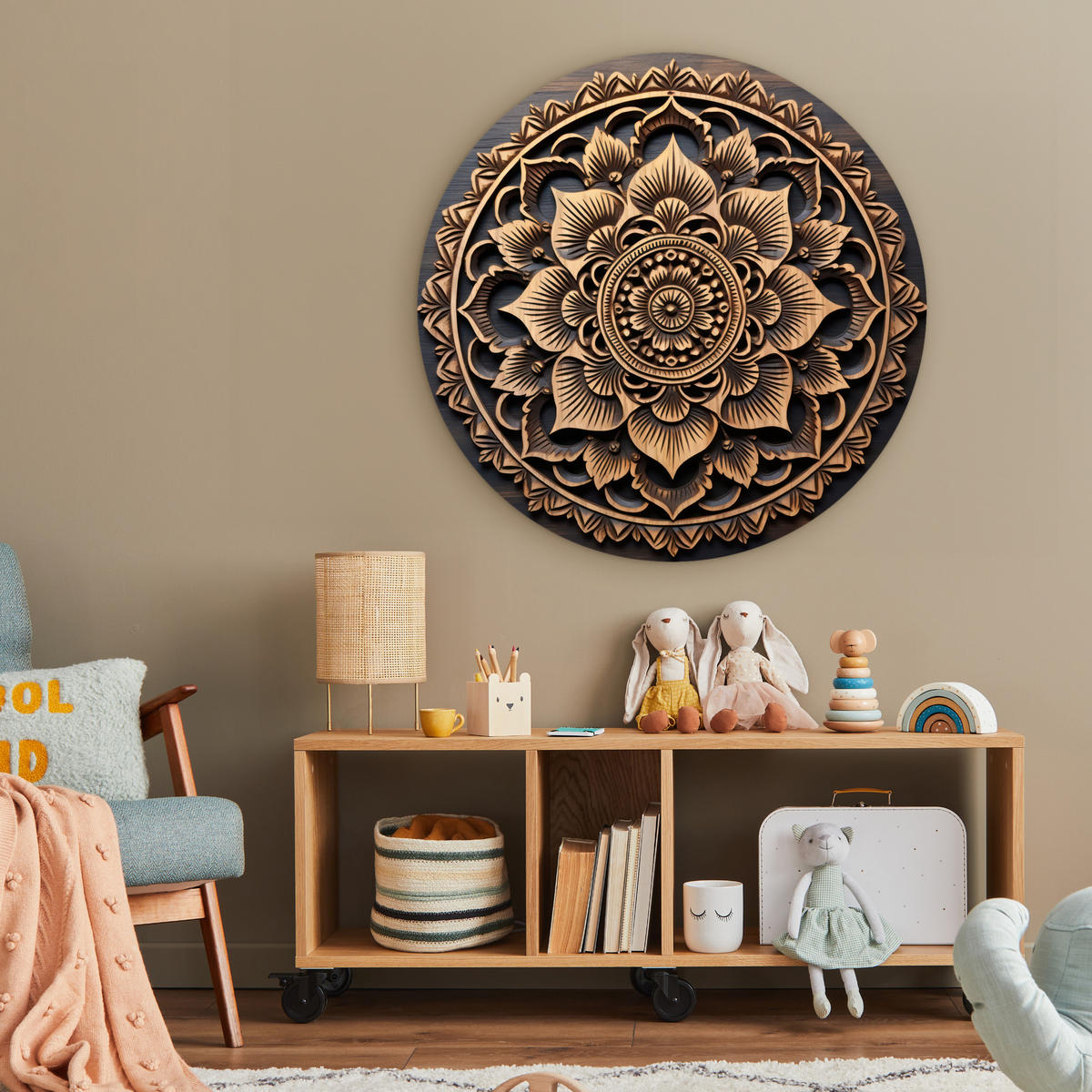 WANDBILD Mandala - Holz - Blumen - Braun 90x90 cm - Gelb, Kunststoff (90/90cm) - MuchoWow