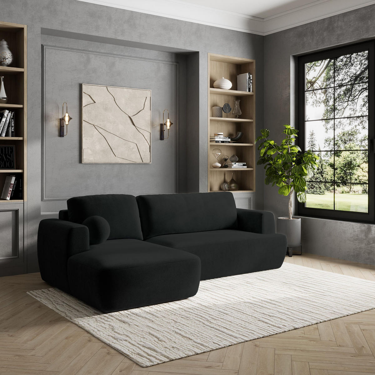 ECKSOFA SENTI K L-S Schwarz Plüsch-Stoff mit Schlaffunktion - Schwarz, Holz (246/148cm) - MASSENO