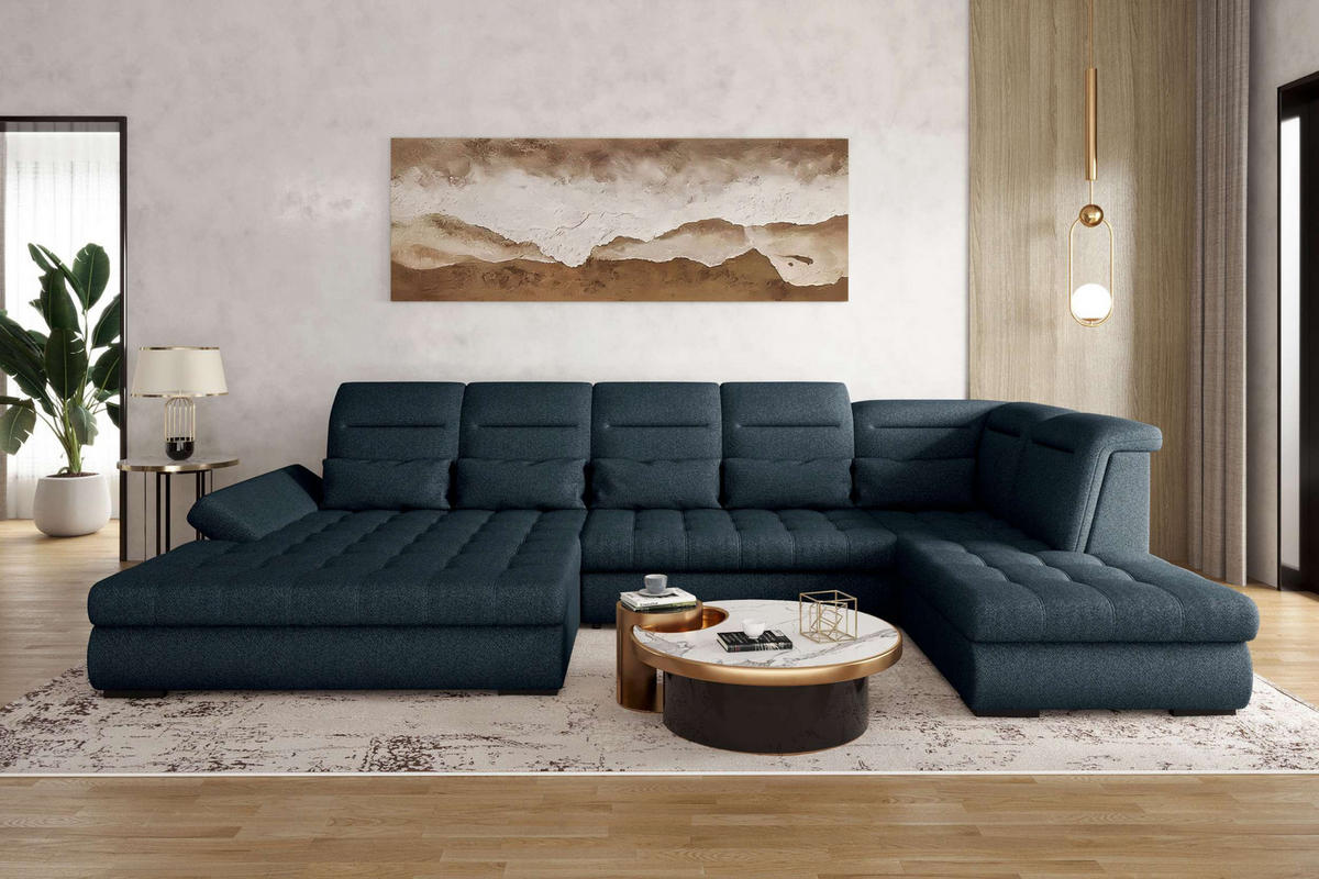 WOHNLANDSCHAFT Toscana Velours inkl. Schlaffunktion - Dunkelblau, Textil (208/87/358cm) - 99rooms