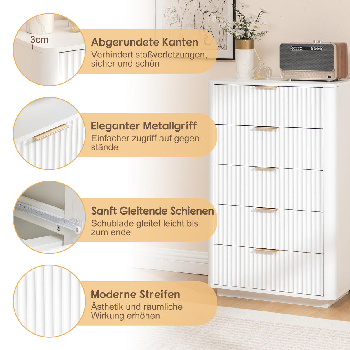 KOMMODE Weiß 70/40/108 cm - Weiß, Holzwerkstoff (70/108/40cm) - PANGIVO