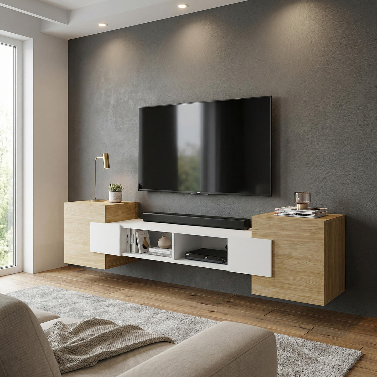 LOWBOARD TV TORINO Hängend + Stehend, Mattes Finish, Arktisches Weiß, Ölbehandelt Eiche - Eichefarben/Weiß, Holzwerkstoff/Kunststoff (181/40/35cm) - Komodee