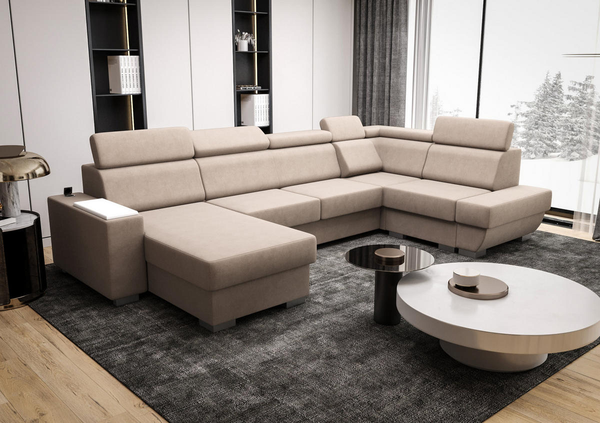WOHNLANDSCHAFT KONGO RBN20, Eckcouch in U-Form mit Schlaffunktion, Farbe: Beige, Velourstoff, Ottomane Links - Beige, Textil (340/103/200cm) - O-Sofa