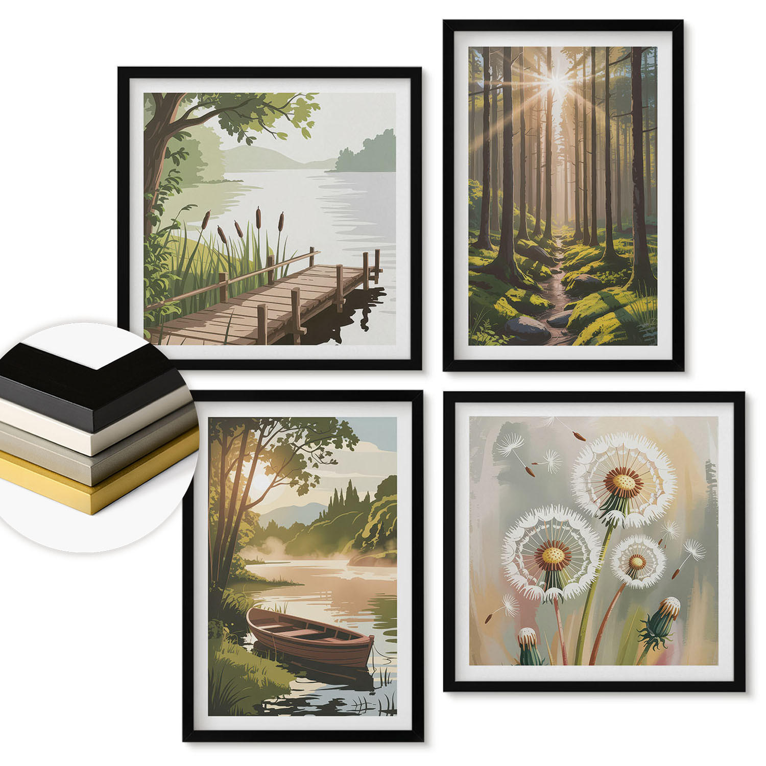 WANDBILDER 4er-Set - 50x50 cm & 40x60 cm Schwarzer Rahmen - Waldlandschaft, See Łódź - Schwarz, Kunststoff (50/50cm) - ArtPrintCave