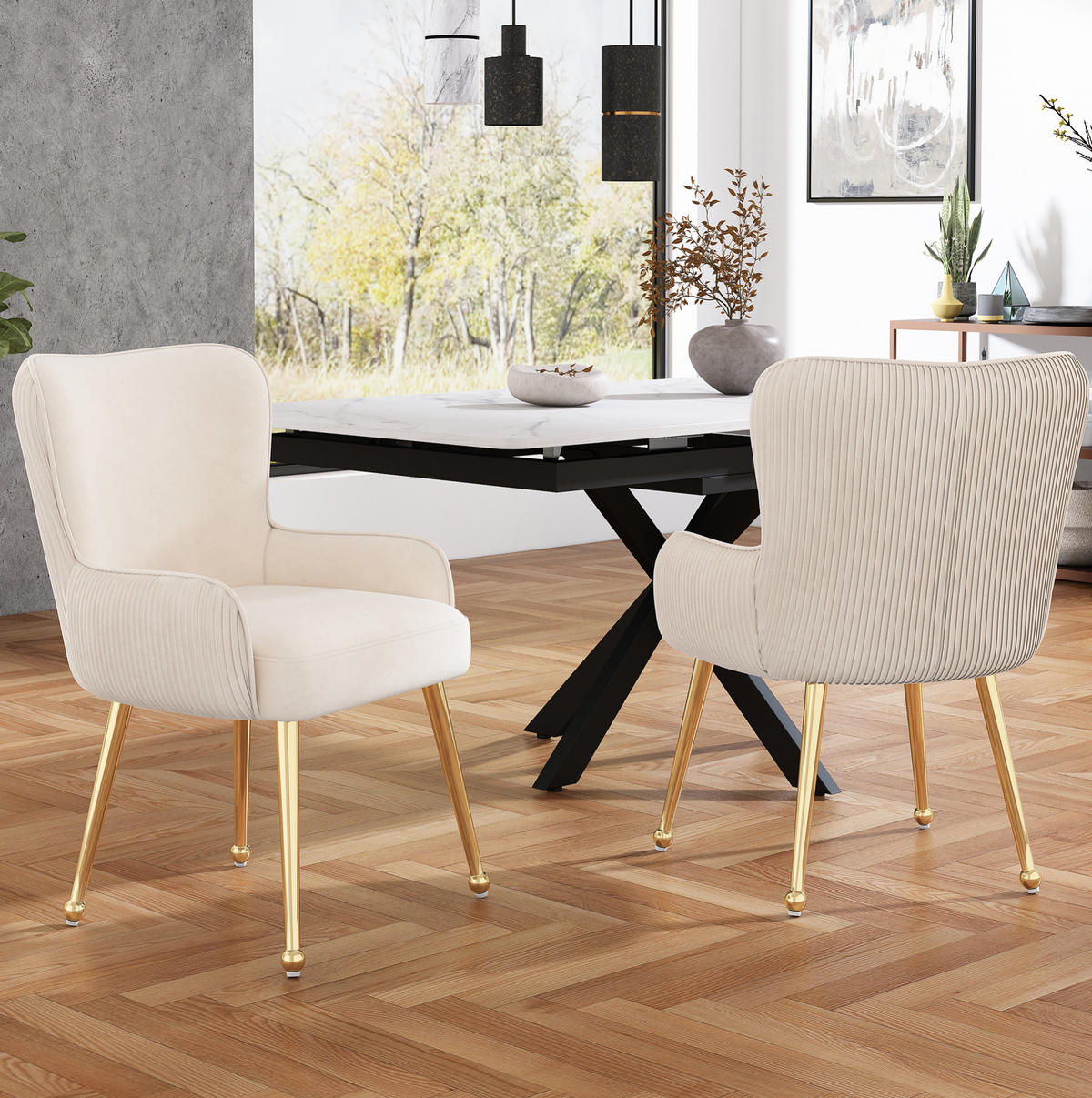 ESSZIMMERSTUHL mit Armlehnen 6er-Set Samt Beige/Gold - Beige, Metall (53/83/57cm) - Meubliv