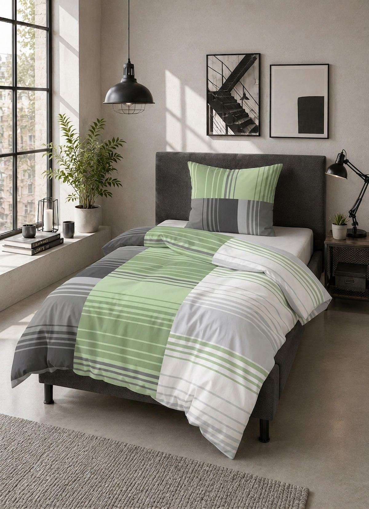 BETTWÄSCHE-GARNITUR Renforcé Streifenmix fichte, 135x200 cm + 80x80 cm - Dunkelgrün, Textil (135/200cm) - Castell