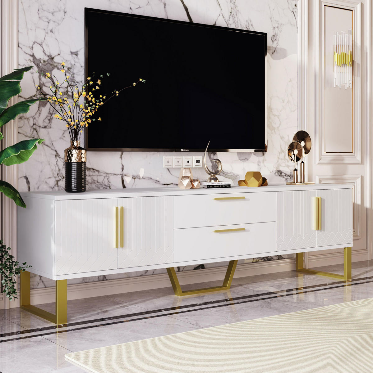 TV-SCHRANK Hochglanz 170 x 40 x 53,5 cm Weiß MDF mit 4 Türen - Weiß, Holzwerkstoff (40/53.5/170cm) - Beauniv