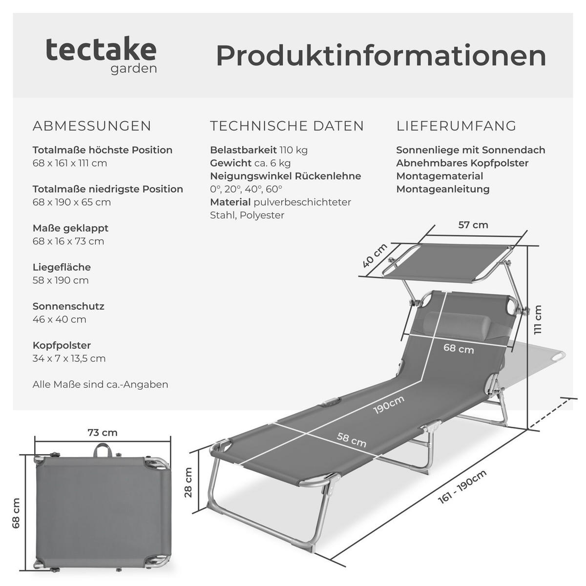SONNENLIEGE Chloé, 190 x 68 x 111 cm, mit Seitentasche, grau - Grau, Kunststoff (68/65/190cm) - tectake