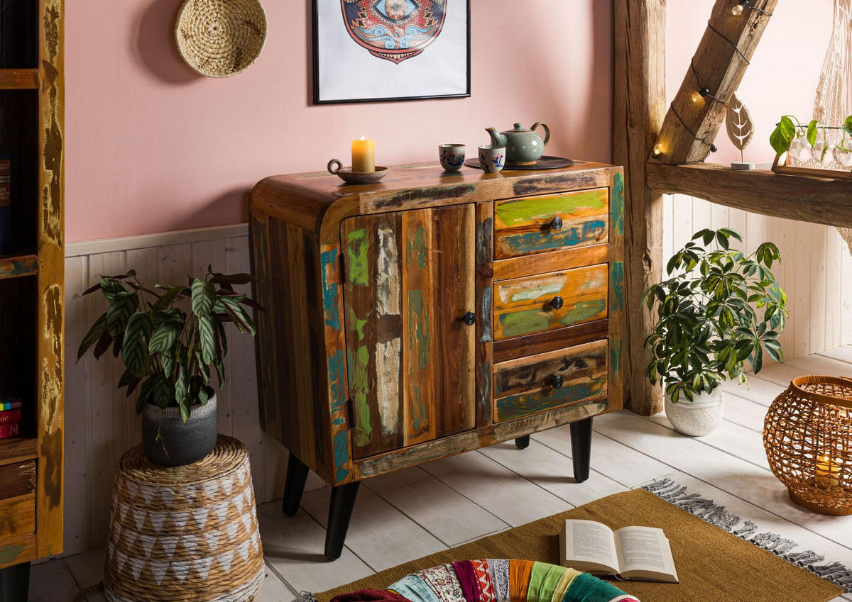 KOMMODE Altholz 90x40x86 mehrfarbig lackiert SIXTIES #114 - Multicolor, Holz (90/86/40cm) - Massivmoebel24
