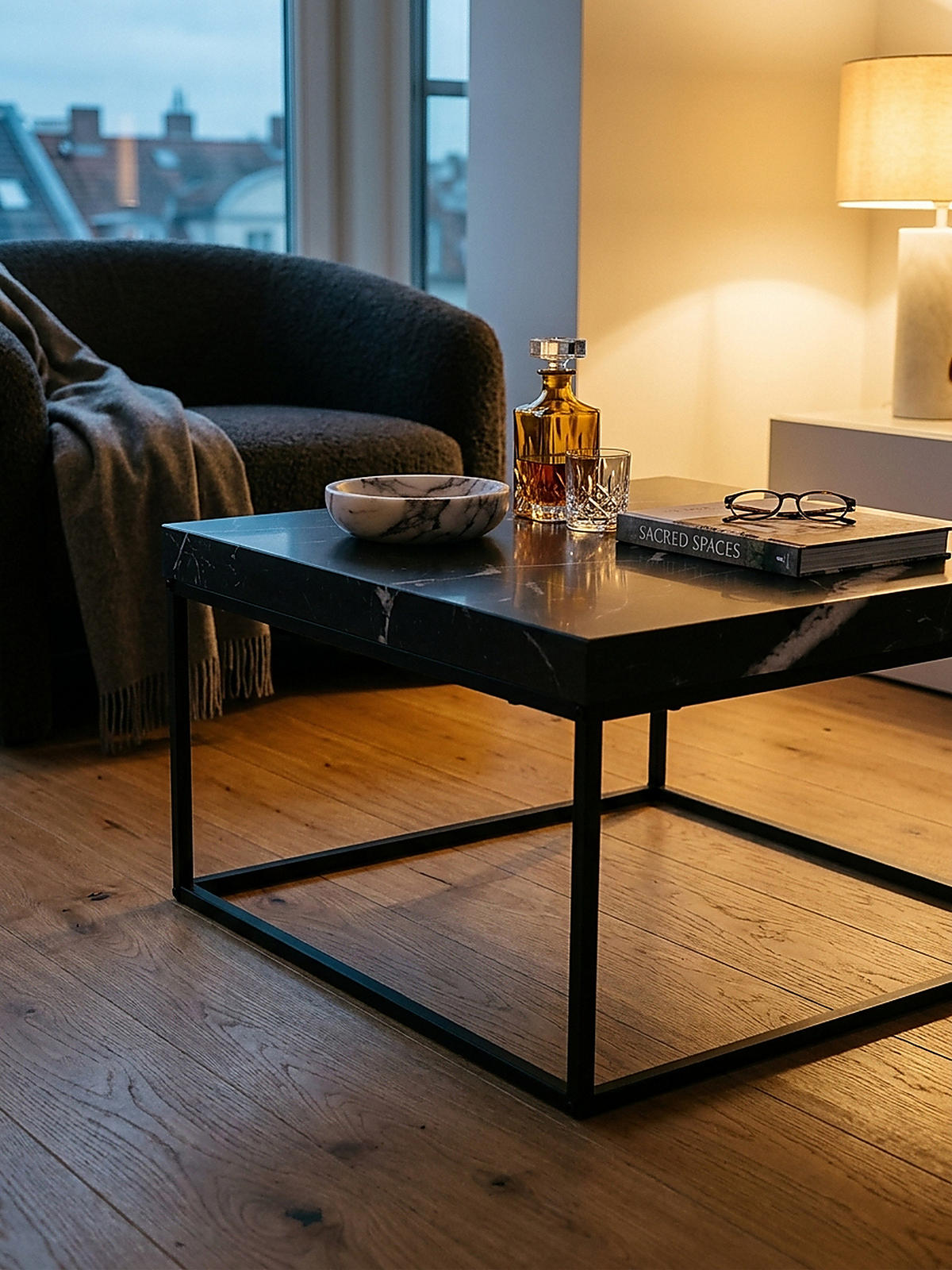 COUCHTISCH in Stein-Optik mit Metallbeinen im modernen Design, Schwarz 60x60x38 cm - Schwarz, Holzwerkstoff/Metall (60/60/38cm) - KADIMA DESIGN