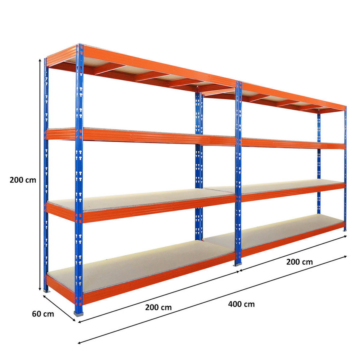 SCHWERLASTREGAL Rhino 2er-Set 200x200x60 cm 4 Spanplatten-Ebenen 16mm Fachlast 500 kg Blau/Orange - Blau/Orange, Metall (400/200/60cm) - PROREGAL