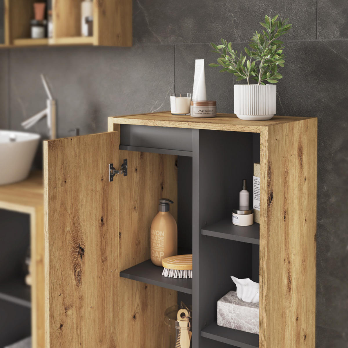MIDISCHRANK Viola Artisan/Grau 50 x 86 cm mit offenen Regalen - Hellgrau/Grau, Holzwerkstoff (50/86/33cm) - Vicco