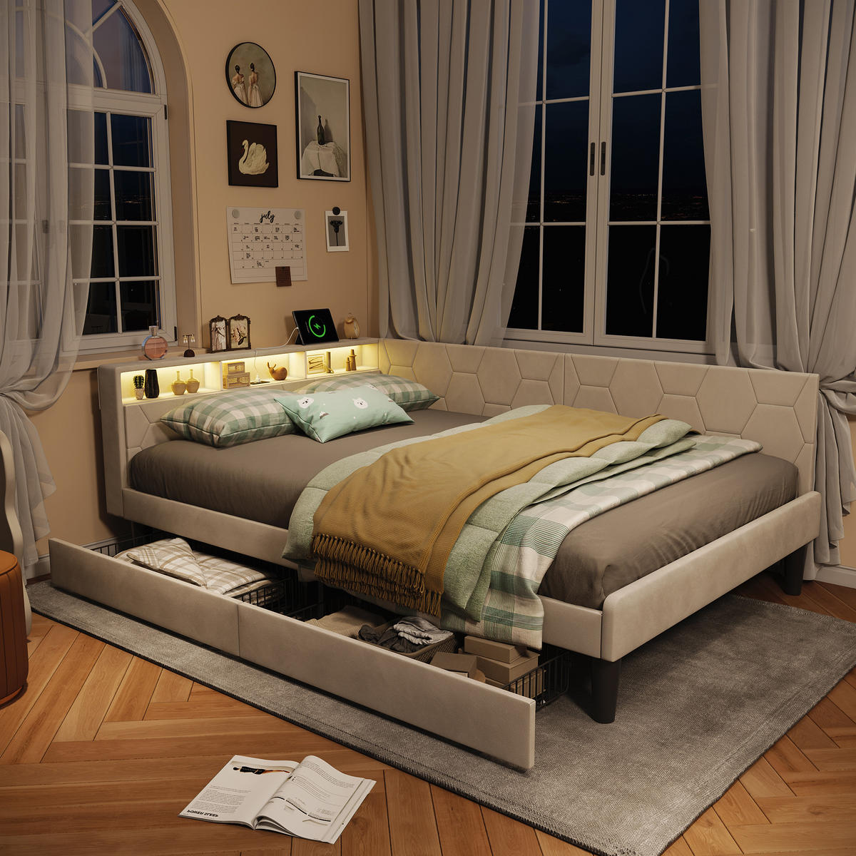 POLSTERBETT 140x200 cm, Stauraumkopf mit Ablagen, 2 Schubladen, LED und USB, Beige Samt - Beige, Holz (140/200cm) - BRILVERDE