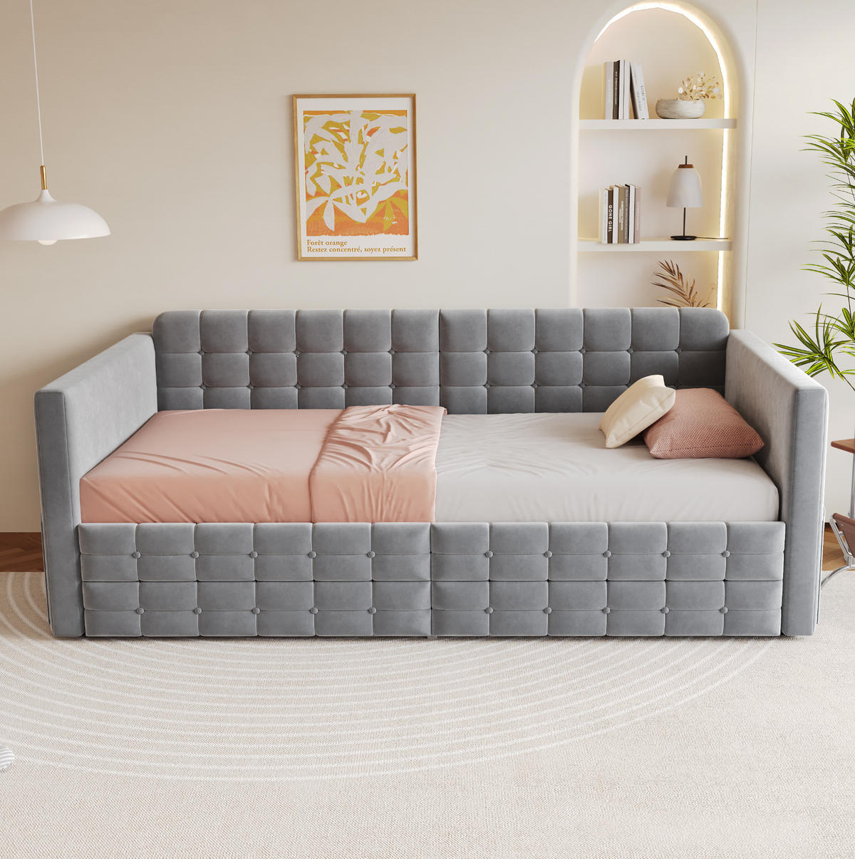 ČALÚNENÁ posteľ z velúru 90x190 cm sivá s úložným priestorom, bočnými vreckami a 2 zásuvkami - sivá, textil (90/190cm) - Modfu