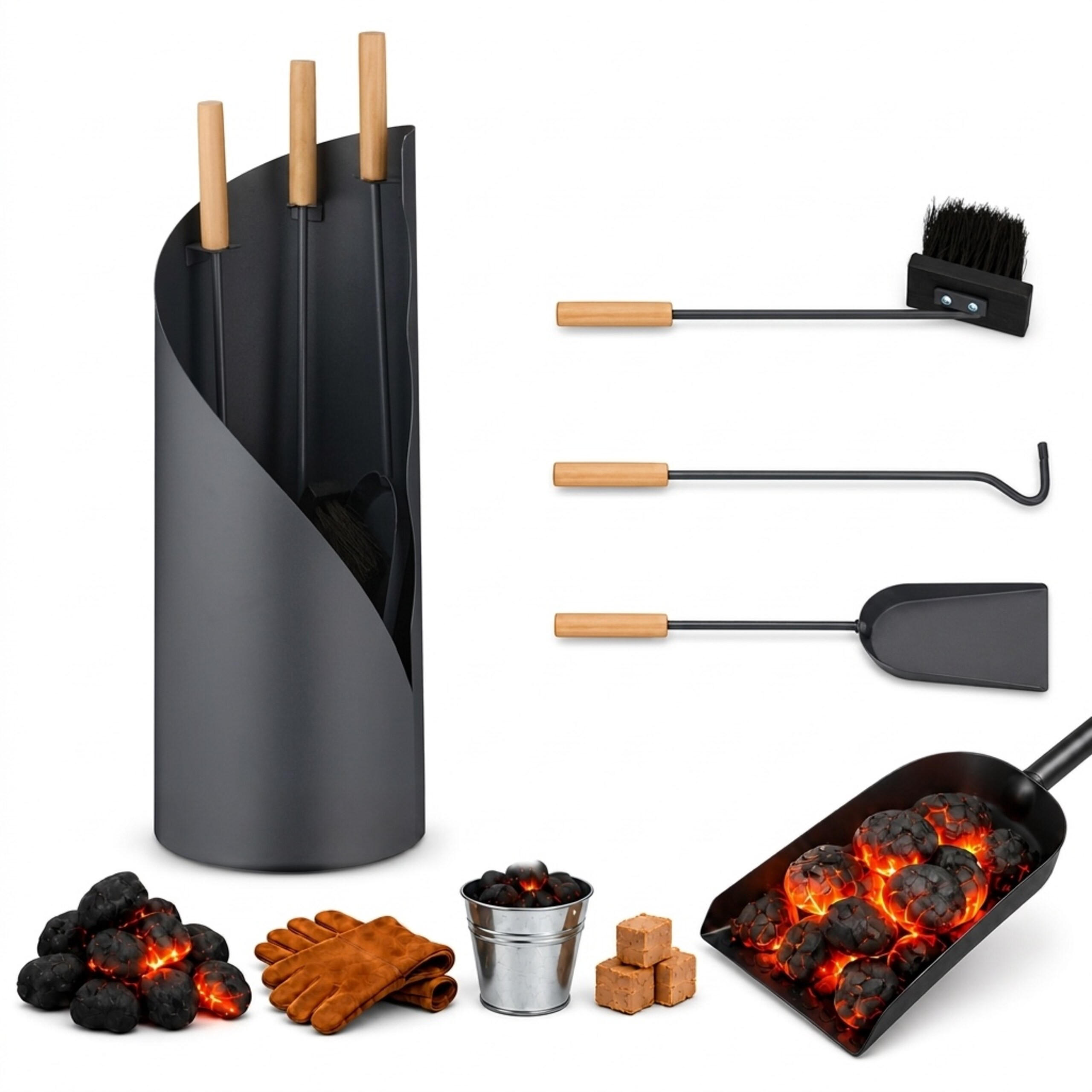 NÁŘADÍ šedé přírodní set-4dílný se stojanem - šedá, kov/dřevo (20/57/20cm) - Relaxdays