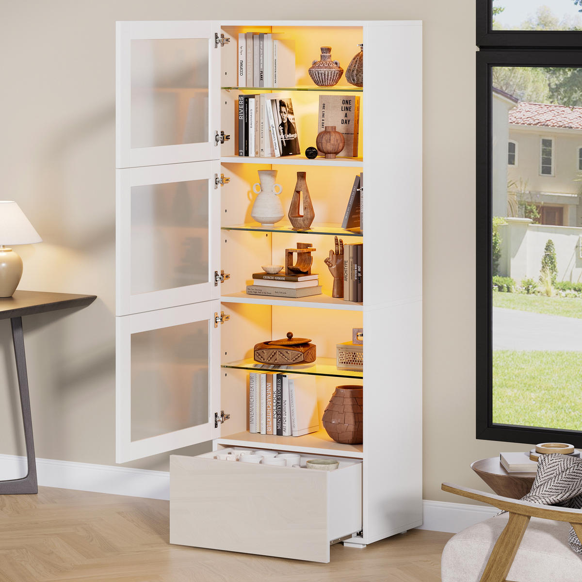 VITRINE LED Hochglanz Acryl Tür 3 Glasböden Weiß 173cm Highboard - Weiß, Glas (60/173/40cm) - FLIEKS