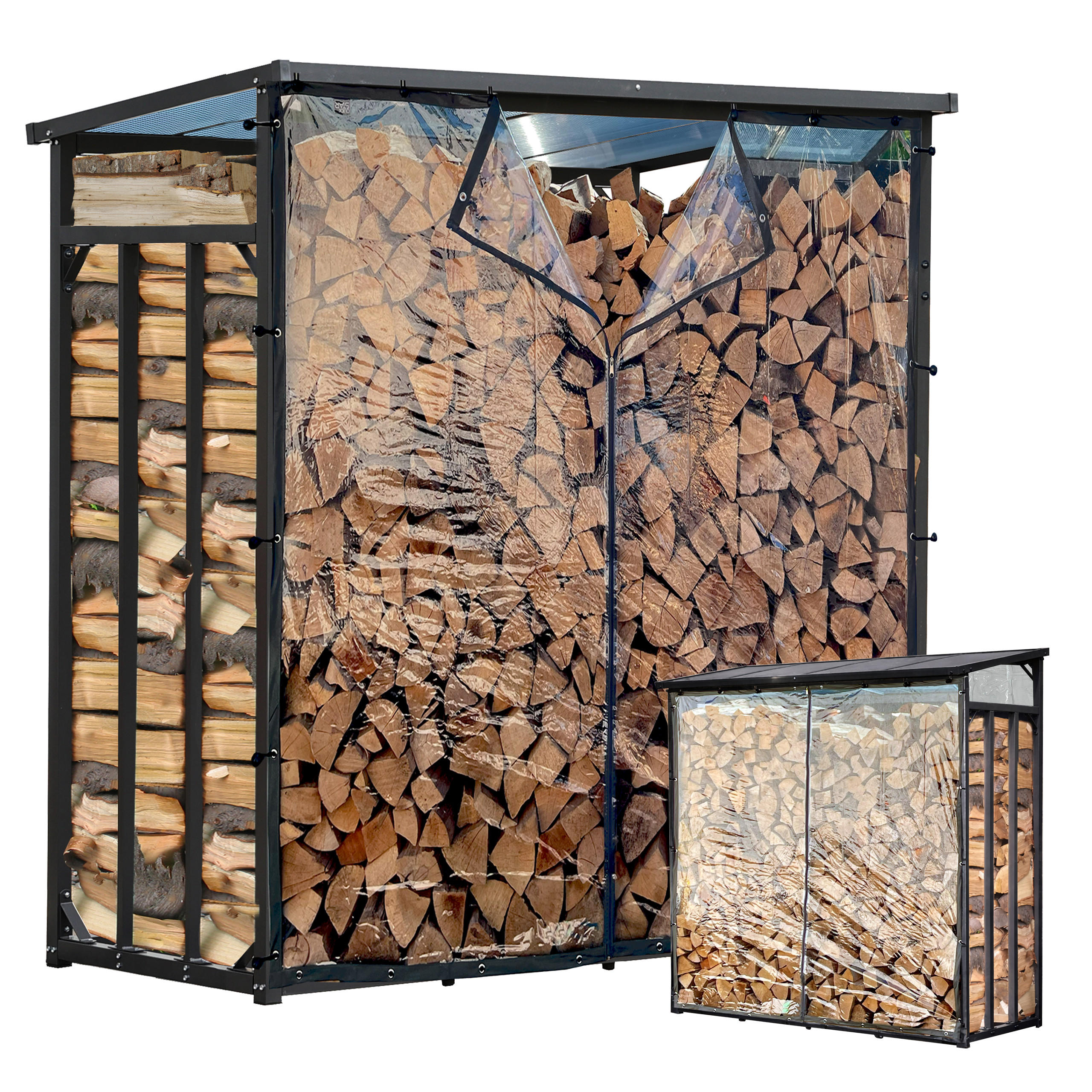 KAMINHOLZREGAL Außen Basic 185/70/185 cm Metall Anthrazit mit Wetterschutz Transparent 2,3 m³ / 3,5 SRM - Transparent/Anthrazit, Metall (185/185/70cm) - QUICK STAR