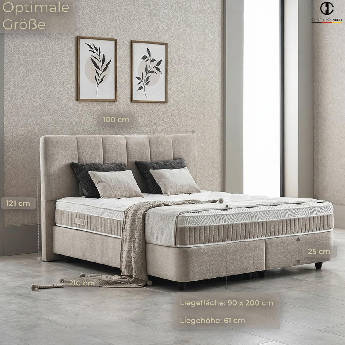 BOXSPRINGBETT MIT BETTKASTEN LISBOA 90/200 cm, Taupe, Bettkasten, Matratze, Topper integriert, H3 mittel - Taupe/Schwarz, Holz/Kunststoff (90/200cm) - Consilio Concept