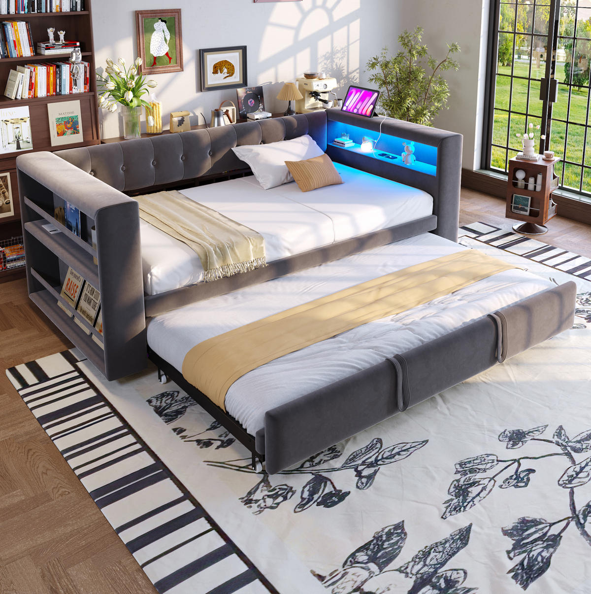 POLSTERBETT 90/180 x 190 cm aus Flannelette mit LED und Stauraum Dunkelgrau/Hellgrau - Dunkelgrau, Textil (90/180cm) - Modenvie
