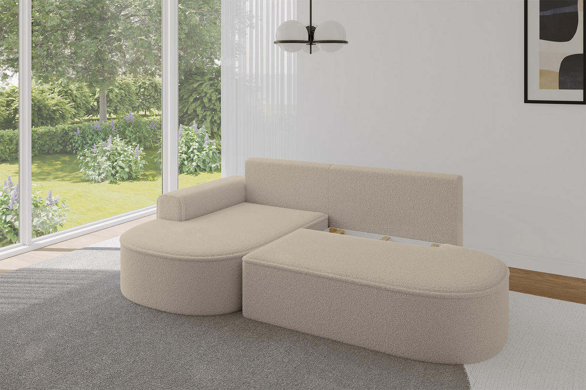 ECKSOFA mit Schlaffunktion und Bettkasten Ottomane Links MARI-L1-S - 283x167x85 cm Dunkelbeige Bouclé - Hellbraun/Schwarz, Holzwerkstoff/Kunststoff (283/167cm) - ALTDECOR