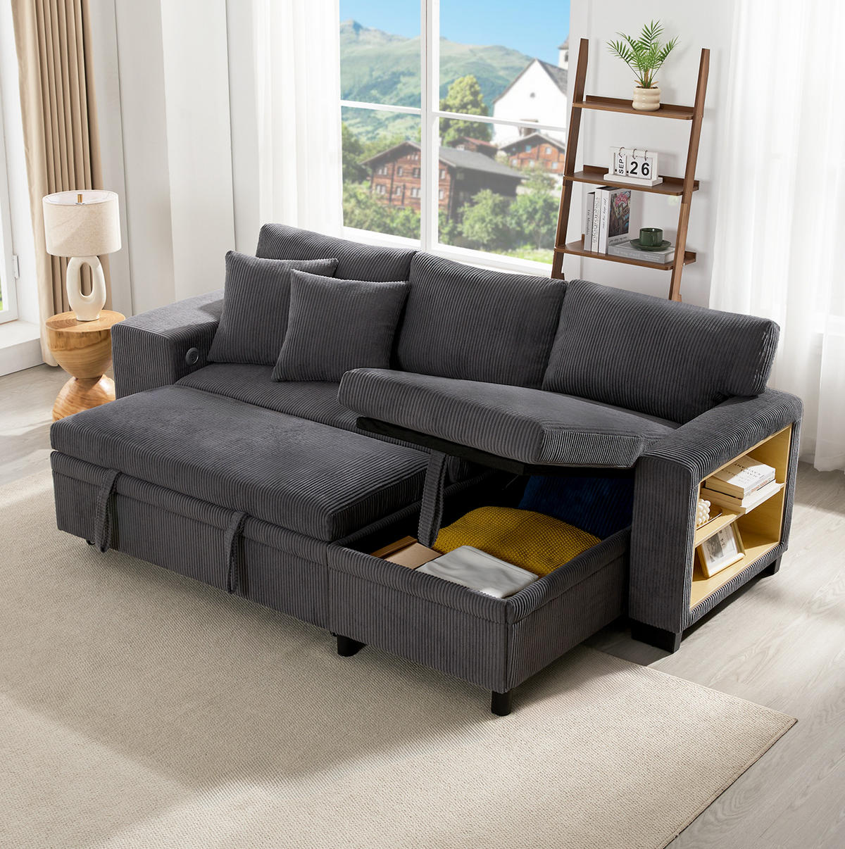 ECKSCHLAFSOFA Ecksofa Cord mit USB-Anschluss Stauraum und Ablagen Grau 231/131,5/84 cm - Grau, Textil (84/131.5cm) - Redom