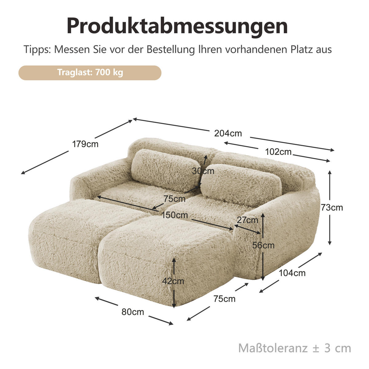 SCHLAFSOFA DE-34181 modular mit 2 Ottomans Hellkhaki - Sandfarben, Textil (179/73/204cm) - ComfortXL