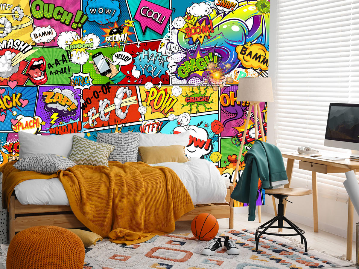 FOTOTAPETA Pre Študentskú Izbu Komiks Farebné Texty Dym Pery 300 x 210 cm - lila/oranžová, papier (300/210cm) - Muralo