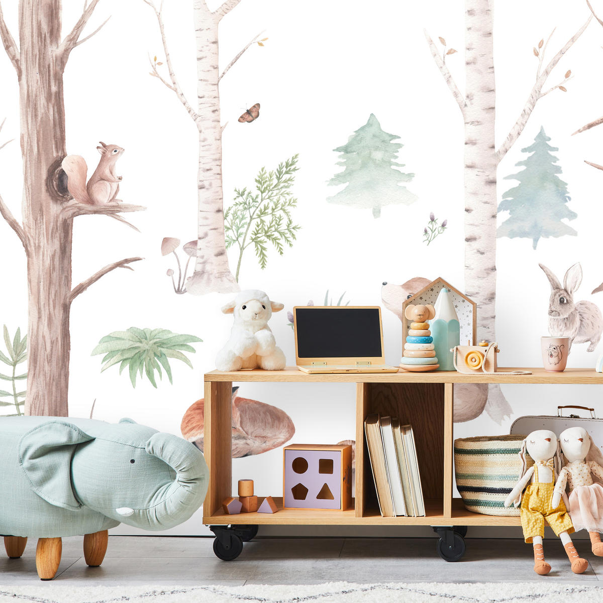 FOTOTAPETE für Kinderzimmer Wilde Waldtiere Aquarell Bäume 500x350 - Orange/Braun, Papier (500/350cm) - Muralo