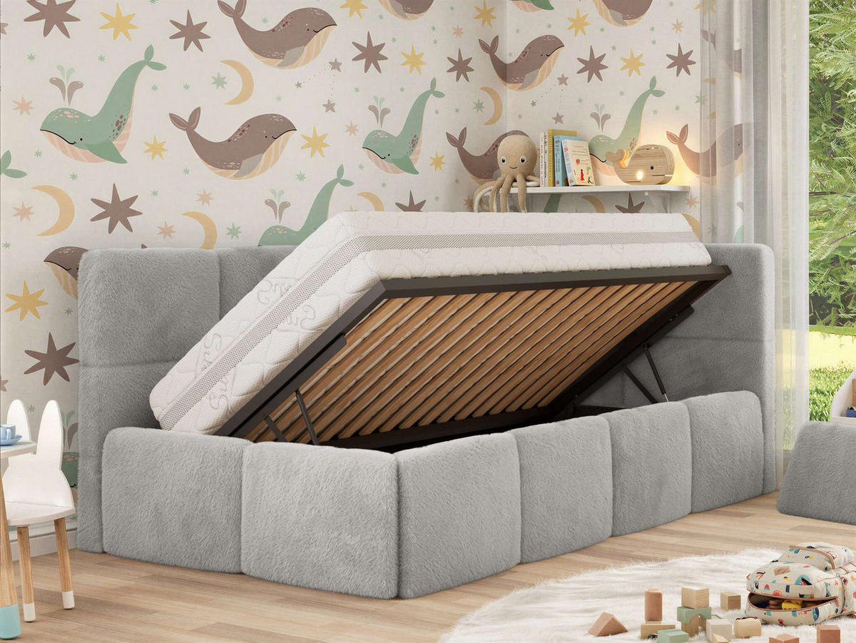 DĚTSKÁ POSTEL ARVO ALTA 90/200 - Světle šedá Plyš - Pravá - světle šedá, textil (90/200cm) - MKS