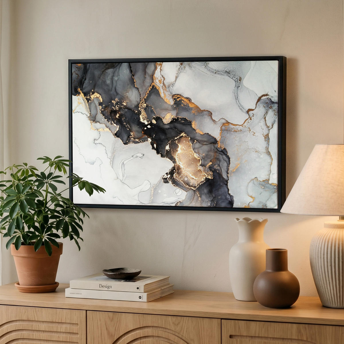 LEINWAND Bilder mit Rahmen - Marmor - Schwarz - Weiß - Gold - Luxus - Abstrakt - 60x40 - Goldfarben, Textil (60/40cm) - MuchoWow