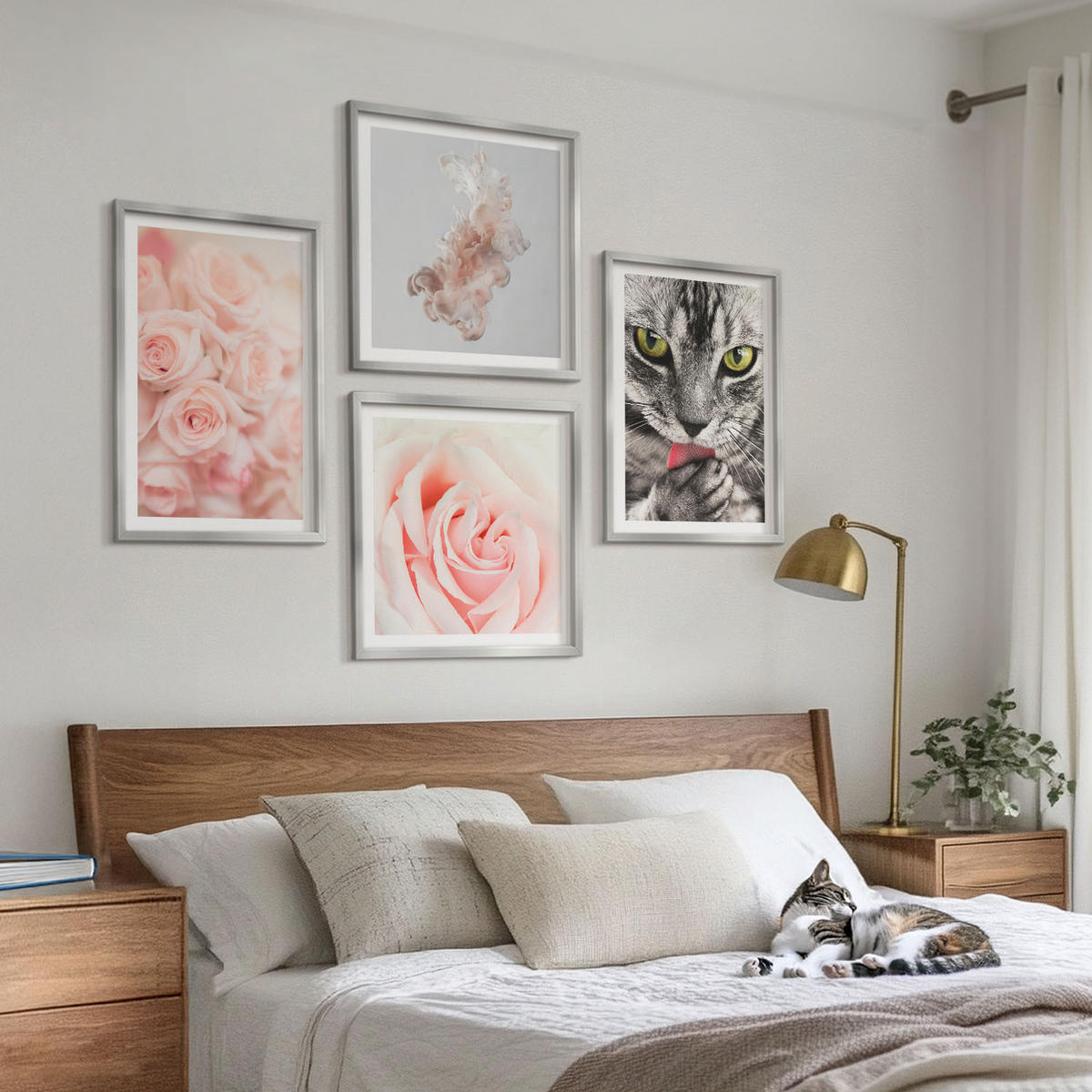 WANDBILDER 4er Set - 50x50 cm & 40x60 cm Silberner Rahmen - Abstrakte Darstellung von grauen Katzenrosen - Silberfarben, Kunststoff (50/50cm) - ArtPrintCave
