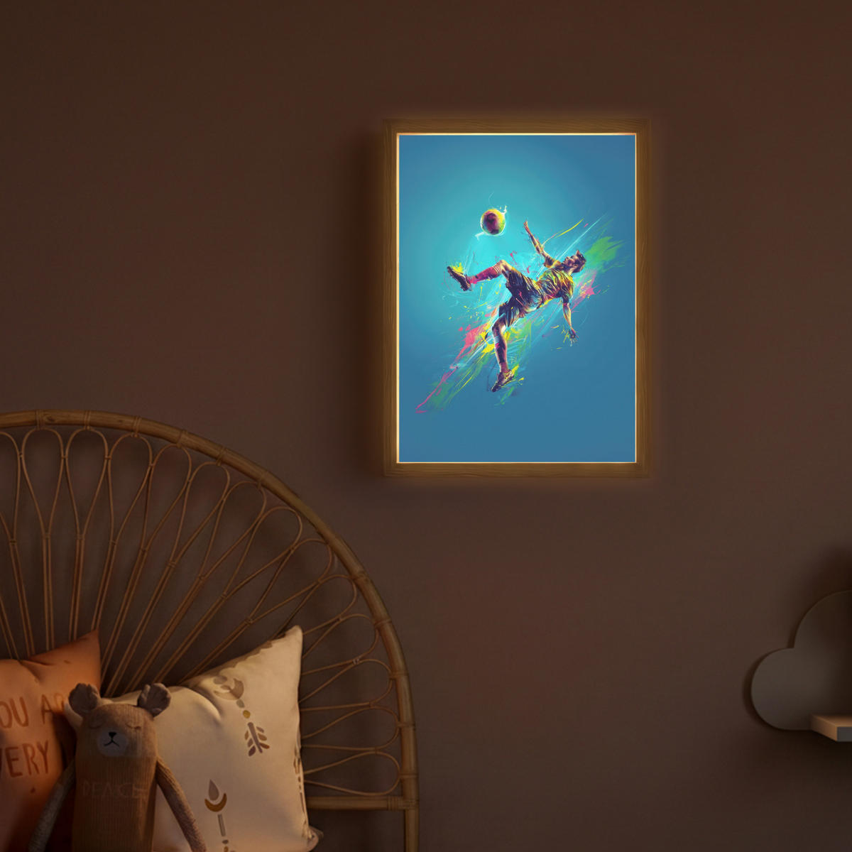 NACHTTISCHLAMPE MIT AKKU Fußballer - Farbspritzer - Farbenfroh - Ball 30x40 cm - Blau, Holzwerkstoff (8/30/40cm) - OnlyWow