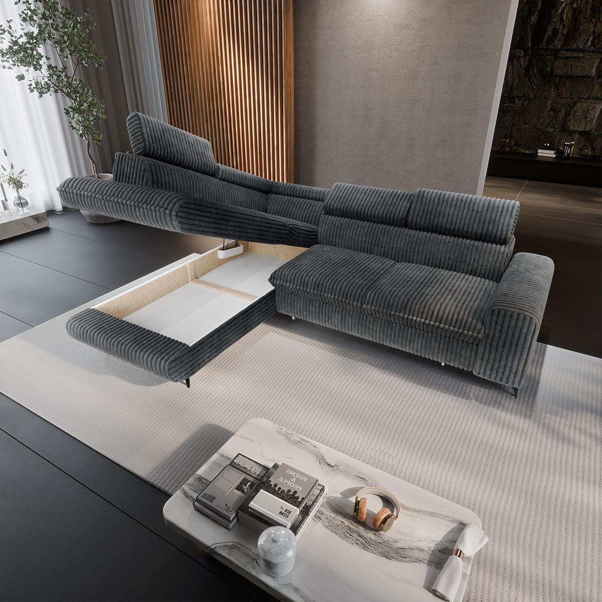 ECKSOFA VELISS Grau Kordstoff mit Schlaffunktion - Dunkelgrau, Holz (255/193cm) - MASSENO