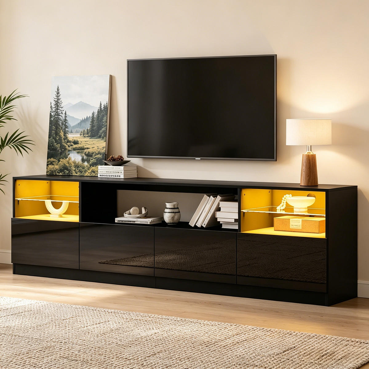 TV SKŘÍŇKA v černé barvě s LED osvětlením do obýváku, Š180/H35/V60 cm - černá, kompozitní dřevo/sklo (180/60/35cm) - STILVORA