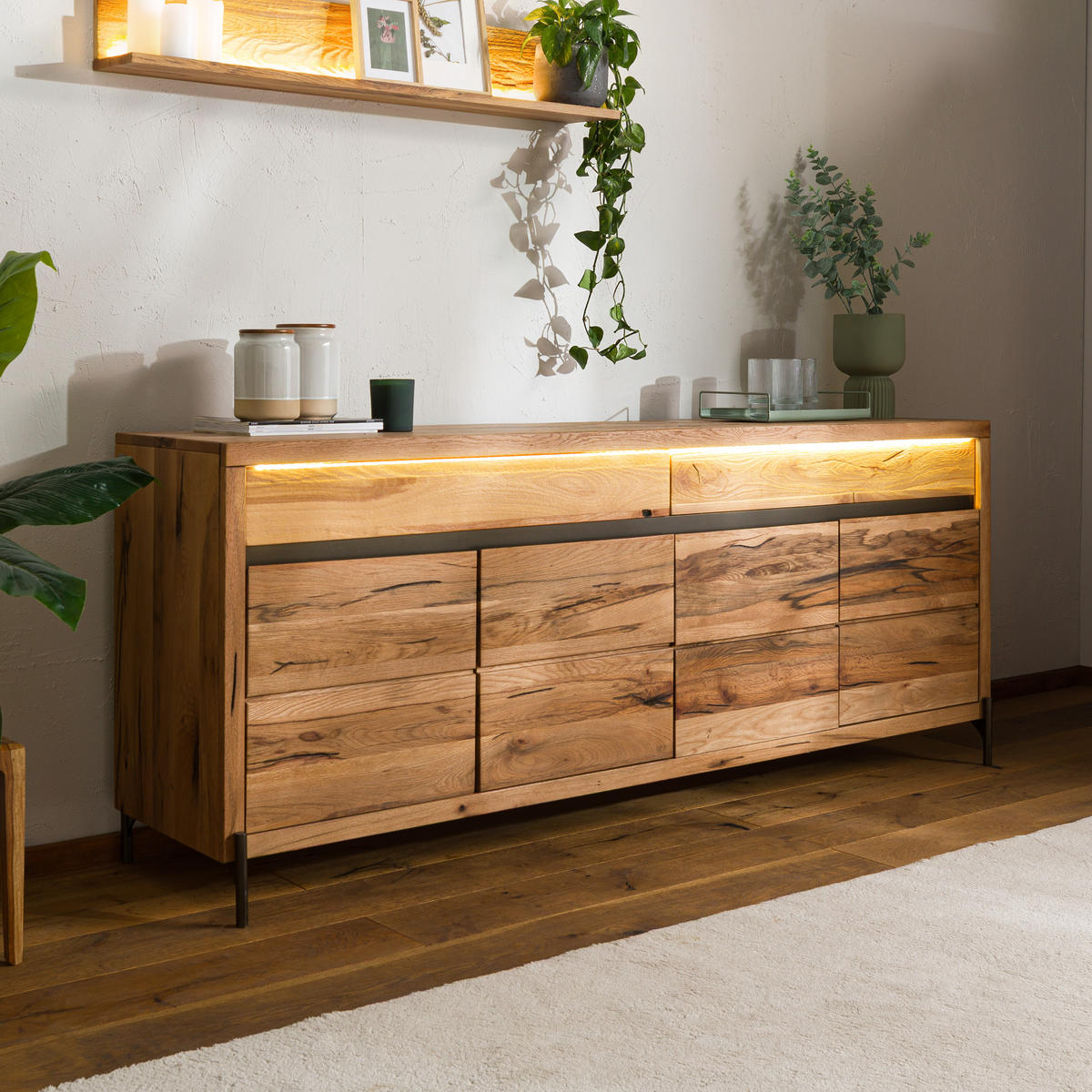 SIDEBOARD Wild-/Zerreiche 202x47x80 natur geölt MONTREUX LUX #101 - Naturfarben, Holz (202/80/47cm) - Massivmoebel24