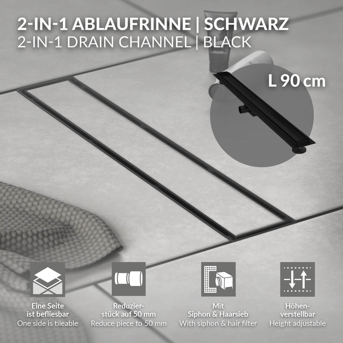 DUSCHRINNE 90cm - Schwarz, Metall (13.9/7.8/94cm) - LuxeBath