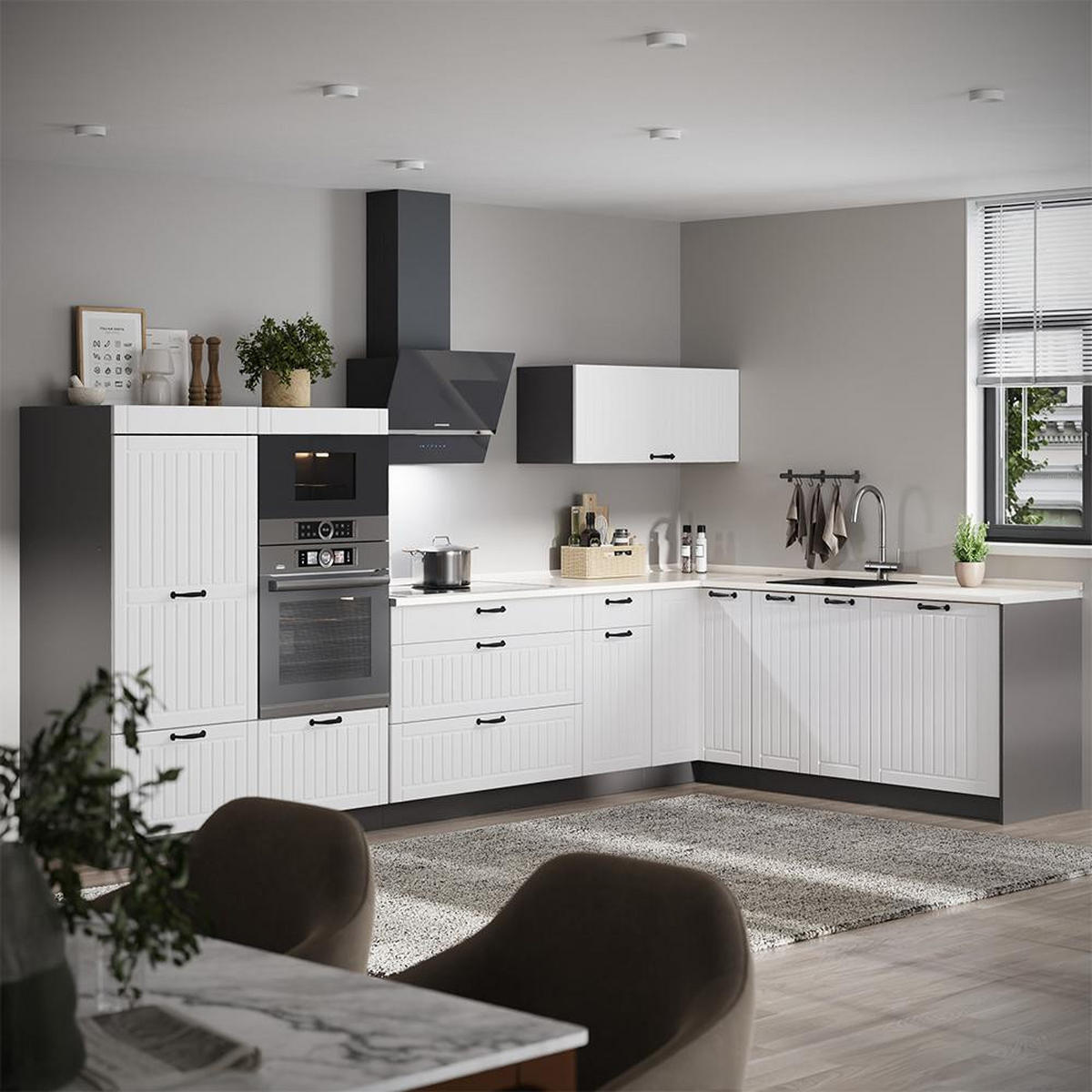 ECKKÜCHE Fame-Line, Weiß Landhaus/Anthrazit, 347 x 207 cm, AP Eiche - Anthrazit/Weiß, Holzwerkstoff (347/153.6/60cm) - Vicco