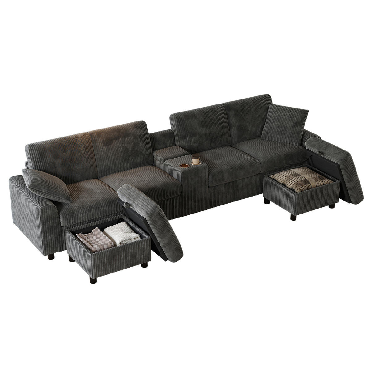 U-OBLIKOVANA zofa 315/135/81 cm z USB-priključkom, 2 priključkoma Type-C, 2 vtičnicama in taburejema, Siva - siva, tekstil (135/81/315cm) - Redom