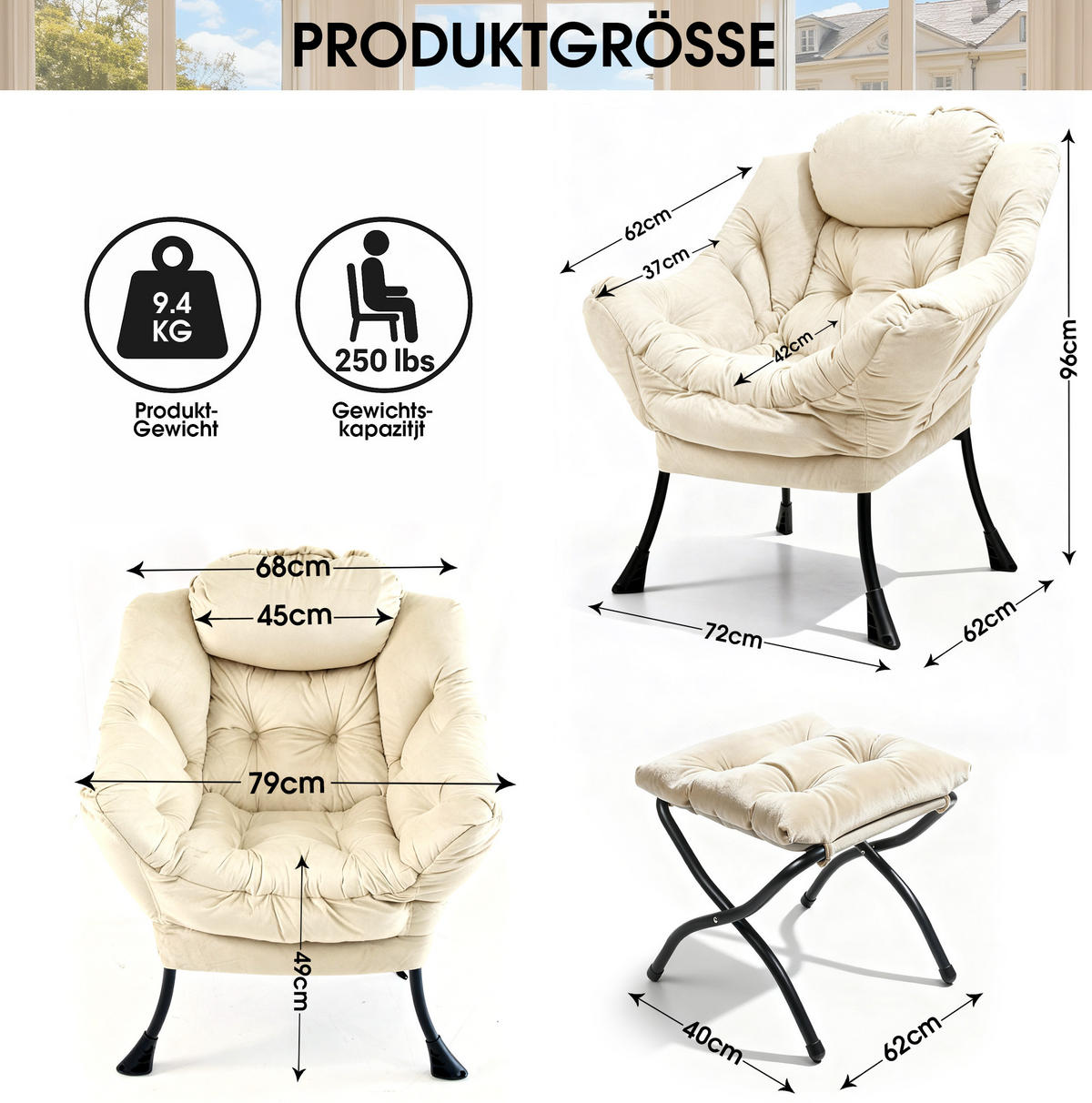 SESSEL mit Hocker in Beige mit Seitentasche und gepolsterten Armlehnen,72/80/93 cm - Beige, Metall (72/93/80cm) - BEAOK
