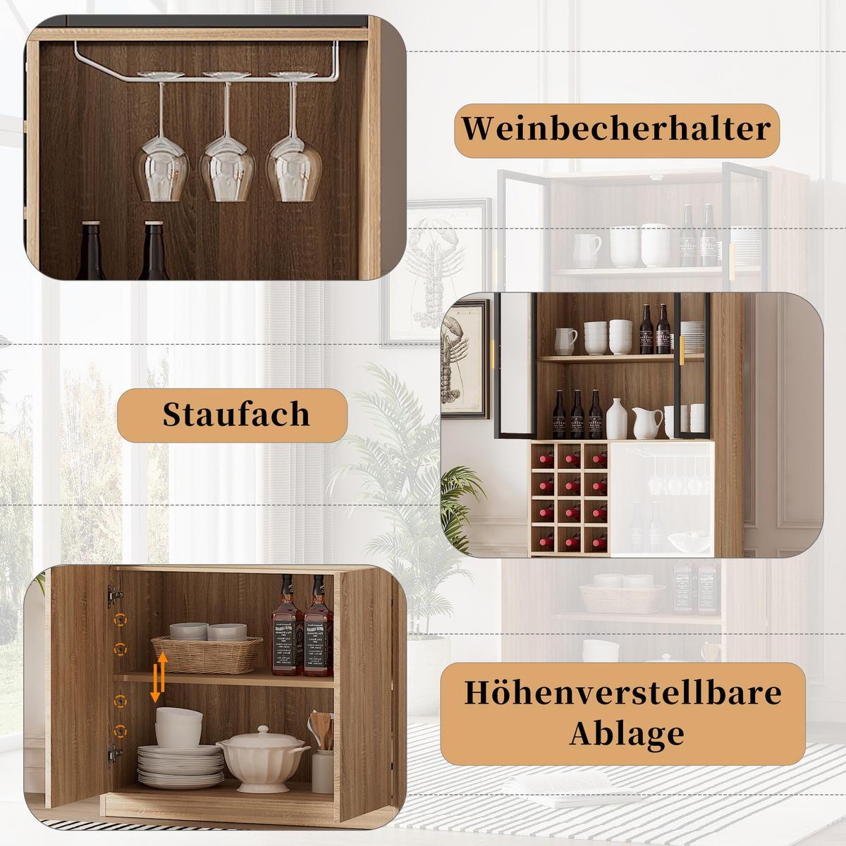 VITRINE mit Weinregal und LED - Hellbraun, Glas/Holzwerkstoff (40/180/80cm) - Urban Meuble