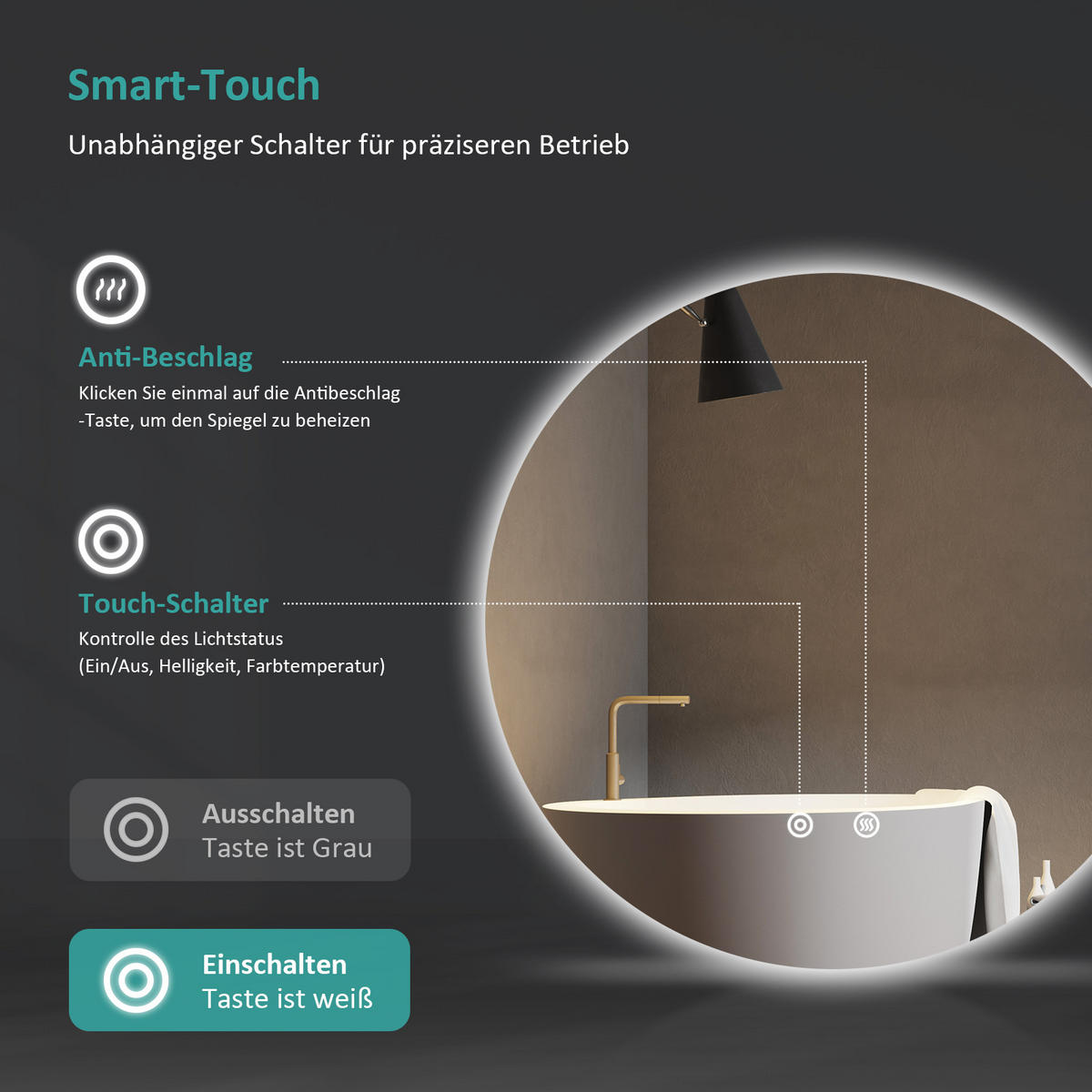 BADSPIEGEL Runder mit Antibeschlag Dreifarbige Beleuchtung ф70 cm - Weiß, Glas (70/3.5/70cm) - EMKE