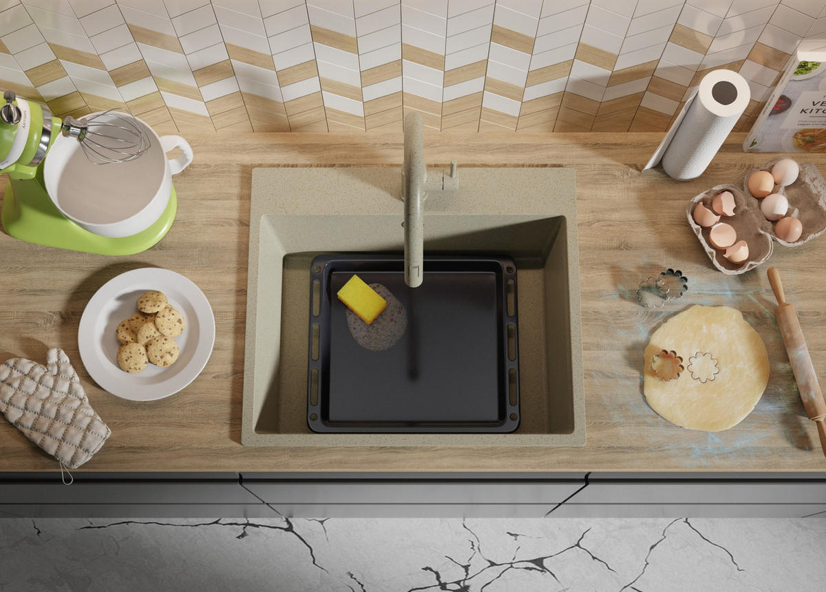 SPÜLBECKEN Riga, 2-er set Beige 58/50 cm 1 Becken + Ablauf-Set ab 60er Unterschrank - Beige, Kunststoff (58/20/50cm) - Primagran