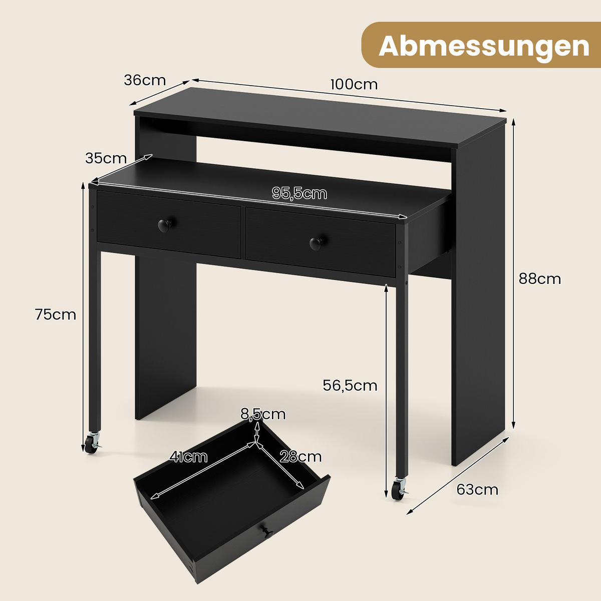 COMPUTERTISCH Schwarz - Schwarz, Holzwerkstoff (63/100/88cm) - COSTWAY