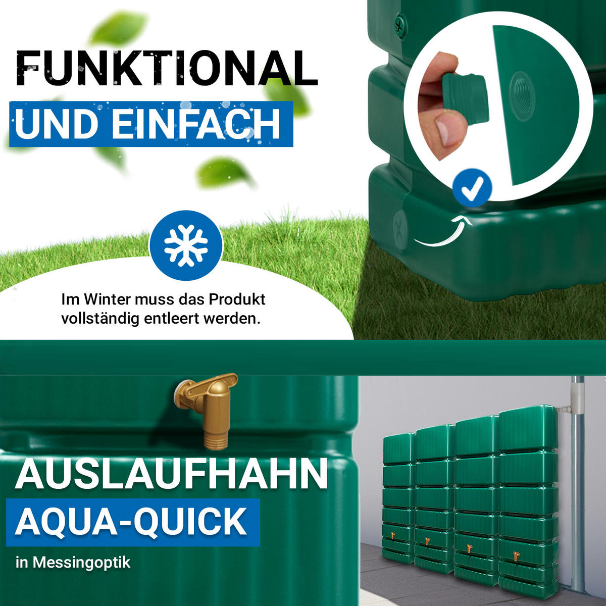 WANDTANK Komplett-Set 1400 L grün 4 x 350 L inkl. Verbindungsset, Kunststoff-Auslaufhahn und Fallrohranschluss - Grün, Kunststoff (270/184/39cm) - 4rain